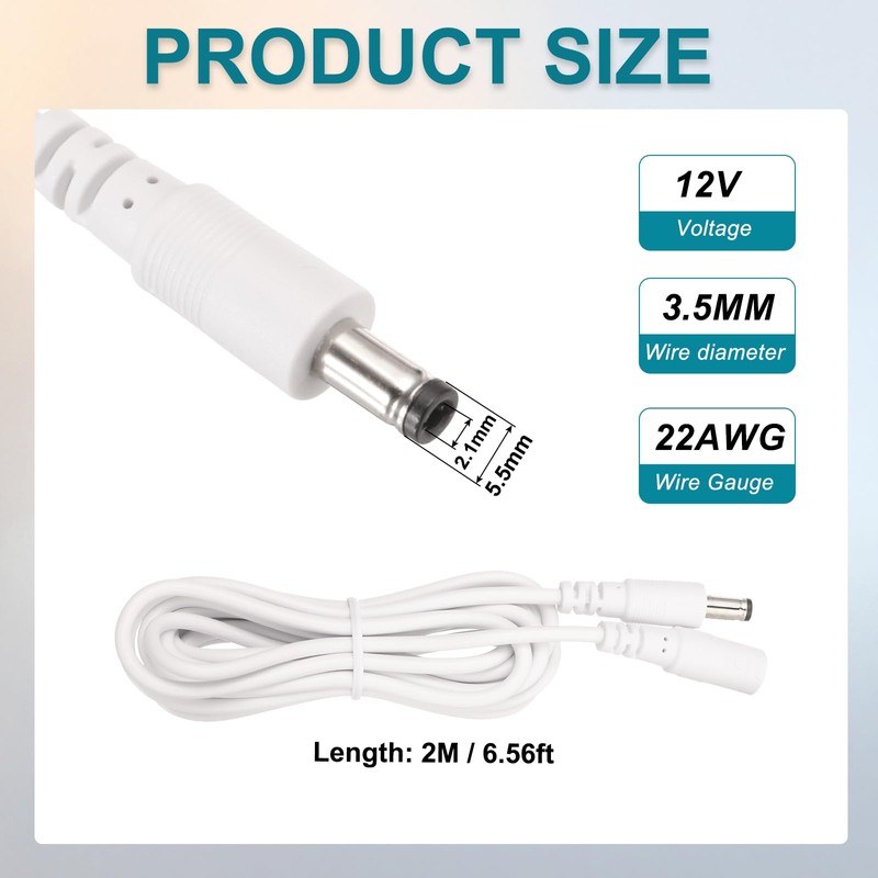 MECCANIXITY 1PCS 6.56ft White DC Power Extension Cable 5.5mm x