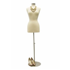 Female Mannequin Dress Form Torso with Round Metal Base and Neck Cap - Off White Premium Fully Pinnable Women's Dress Form #F6/8W+BS-04