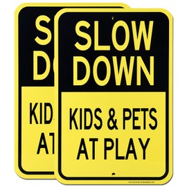 Slow Down Sign, HISVISION 2 Pack Kids and Pets at Play Signs, Large 18"x12" Engineer Grade Reflective Sheeting Rust Free .63 Aluminum, Weather Resistant, Waterproof, Easy to Mount, Indoor/Outdoor Use