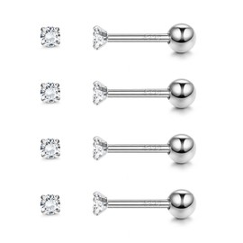 ZELORES 4 Pairs 18G Sterling Silver Cartilage Earrings Stud Screw Back CZ Tragus Helix Earrings Set Tiny CZ Stud Earrings for Women Men 2mm (Silver-Ball Back)