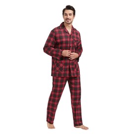 Amaxer Flannel Pyjamas Men's 100% Cotton Pyjamas with Button Placket Set Long Warm Winter Pyjamas, Red and black chequered with white lines