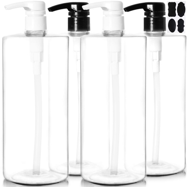 Youngever 4 Pack Pump Bottles for Shampoo 32 Ounce (1 Liter), Empty Shampoo Pump Bottles, Plastic Cylinder with Lockdown-Leak Proof-Pumps