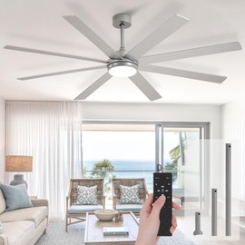 DLLT Large Ceiling Fans with Lights: 72in Modern Indoor/Outdoor Ceiling Fan for Living Room Patio - Silver Ceiling Fans with Remote APP Control 8 Blades Reversible Quiet DC Motor Timer 6 Speeds 3 CCT