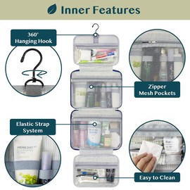 PAVILIA Hanging Toiletry Bag Travel Bag Women Men, Foldable Cosmetic Organizer, Roll up Makeup Bag, Water Resistant Accessories Toiletries, Large Travel Essentials Kit (Navy Polka Dot)