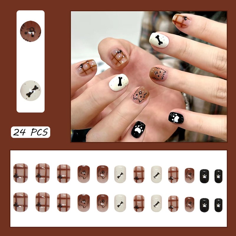 24 PCS Press on Nails Cute Cat Fake Nails Brown
