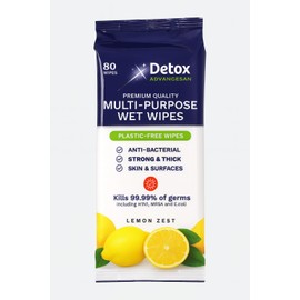 Detox AdvanceSan Biodegradable Multi-Purpose Wipes | Lemon Zest | 80 Count | Plastic-Free, Antibacterial, Resealable Pack