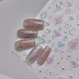 JMEOWIO 3D Nagelsticker Herz Schleife Mond Stern Nail Art Sticker Selbstklebend Nagelaufkleber 5D Stereoskopisch Dekoration Nageldesign Zubehör 1 Blatt