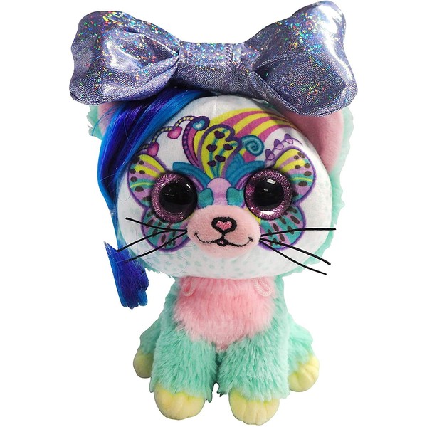 Little Bow Pets Stuffed Animals - Large Soft Fluffy Plush Green and Pink Kitty Cat Rainbow Bow Pet with Purple Sparkle Surprise Bow - 2 Surprise Toys Inside Bow