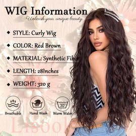 Lisook Long Brown Curly Wigs for Women Real Hair Reddish Brown Wig Synthetic Hair Replacement Wigs Womens Natural Hair Wigs Long Wavy Middle Part Wig for Cosplay Holiday Daily Party Use 28 Inches