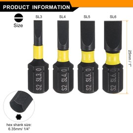 HARFINGTON 4pcs SL3/SL4/SL5/SL6 Slotted Screwdriver Bit 1/4" Hex Shank 25mm/1" Length Magnetic Flat Head Hex Bits S2 Steel Screw Driver Bit Industrial Grade Electric Drill Bits