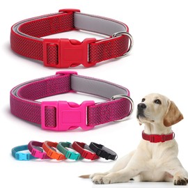 Alainzeo 2 Pack Reflective Dog Collars, Classic Adjustable Soft Neoprene Padded Breathable Nylon Pet Collar for Small, Medium and Large Dogs (Red/Pink,M)