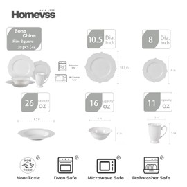 HomeVss, New Bone China Dinnerware Set, Embossed Lotus Design, 20pc Set