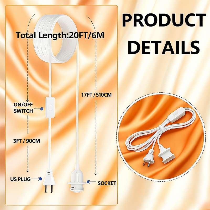 20FT Hanging Lantern Extension Cord, Pendant Light Cable with On/Off