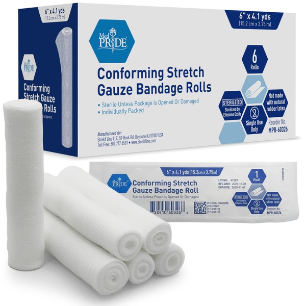MED PRIDE Conforming Stretch Gauze Bandages, 6 Rolls 6'' x 4.1 Yards| Sterile Latex Free First Aid Pads | Wound Care Rolled Dressing Wrap | Medical Non-Adherent Mesh Bandages
