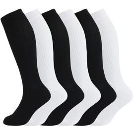 +MD 6 Pairs Compression Socks (15-20mmHg) for Women & Men - Cushion Knee High Socks for Running,Medical,Athletic,Nurses,Travels,Edema,Anti-DVT,Varicose Veins, Shin Splints 3Blk3Wht 9-11