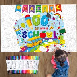 Faccito Happy 100th Day of School Coloring Poster 100 Days of School Jumbo Coloring Tablecloth Banner with 24 Colored Pens Classroom 50.4" x 31.5" Painting Page for Birthday Party Supplies Craft