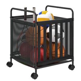 Ball Storage Bin Rolling Storage Cart Metal Ball Bin with Lockable Wheels, Basketball Rack for Garages, Playgroup, Gym and Schools, Garage Sports Equipment Organizer.(Black)