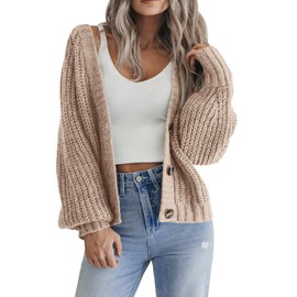 HOTOUCH Womens Cardigan Short Chunky Cardigans Long Sleeve Jumpers Open Front Ribbed Knit Lightweight Outerwear for Winter Spring Khaki L