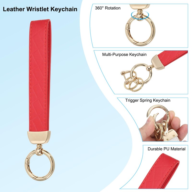 [PATIKIL] レザーリストレットキーチェーン キーチェーンホルダーキーフォブリ ストバンド 2つ キーリングと紛失防止Dリング付き 男性用女性用財布車キー用 金色/レッド