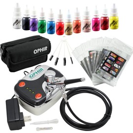 OPHIR Nail Airbrush Kit, 0.3mm Airbrush Kit for Nails with Airbrush Nail Stencil, 12x Airbrush Nail Paint & Bag & Cleaning Brush Set (Black)
