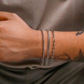 Stocking Stuffers Holiday Outfits for Women 2024 Silver Layered Bracelet for Men Stackable Chain Bracelets for Teen Boys Cool Adjustable Bracelets Jewelry Valentines Day Gifts for Boyfriend