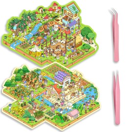 2 Sets Big DIY 3D Sticker Scene Isometric Miniature Room Sticker Therapy for Kids Adults Cute Make Your Own House Stickers for Gifts Paint by Stickers Large Size Happy Farm Sunshine Ranch (E Set)