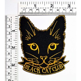 Black CAT Club Cartoon Patch Yellow Black Cat Kitten Sew-on Iron-on Patches Embroidered Applique Patches DIY Craft Decoration Repair Clothes for Kids Adults