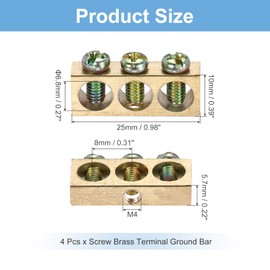 sourcing map 4 Pcs Terminal Ground Bar, 3 Positions Screw Brass Terminal Ground Bar, M4 5.7x10mm Screw Block Barrier Brass for Electrical Devices