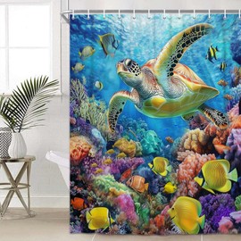Ocean Shower Curtain, Sea Turtle Colorful Fish Ocean Nautical Coastal Themed Bathroom Curtain Sets Decor, Tropical Fishes Turtle Coral in The Deep Sea Underwater World Shower Curtain with Hooks, 72x72