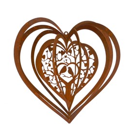 Wind Chime for Outdoor Use in 3D Heart with Birds in Rust Look 25 cm for Garden and Balcony