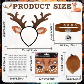 Reindeer Headband Deer Costume Women Children 5 Pieces Antlers Headband Reindeer Costume Set with Reindeer Ears Deer Headband, Tail, Bell Necklace, Reindeer Face Sticker, for Christmas, Fancy Dress,