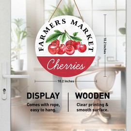 HSNBT Cherry Kitchen Wall Decor, Farmhouse Summer Cherry Sign Decor for Home Kitchen Dining Room Wall Decorations Wooden Hanging Sign, Farmers Market Cherries