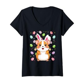 Womens Hamster Happy Easter Egg Hunt Bunny Ear Hamster Easter V-Neck T-Shirt
