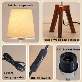 Dreamholder Wood Bedside Table Lamp, Tripod Desk Lamp with On-Off Switch, Nightstand Lamp with Fabric Shade for Reading, Bedroom, Living Room, Office, Walnut Base with Linen Shade
