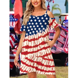 4th of July Dress Women Tie Dye Stars Dress Memorial Day Spaghetti Strap Short Sleeve Holiday Beach Cover Ups L