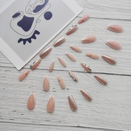 Bufenia Pack of 24 Coffin False Nails Short French Fake Nails Shiny Ballerina Press on Nail Acrylic Square Full Cover Stick on Nails for Women (D)