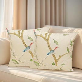 YIVYI Swedish Farmhouse Square Pillow Covers 18x18 (Set of 2) - Classic Beige with Vintage Bird - Heavy Duty Textured Faux Linen for Living Room, Bedside & Sunroom - Fade-Resistant Romantic Decor