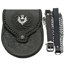 Leather Sporran Double Embossed Scottish Black Leather Kilt Sporran with Belt