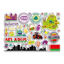 A5 Sticker Sheet Belarus Landmarks Vinyl Stickers - BW Minsk Map Airport Stamp Skyline Flag Travel Holiday City Country Aesthetic #80343