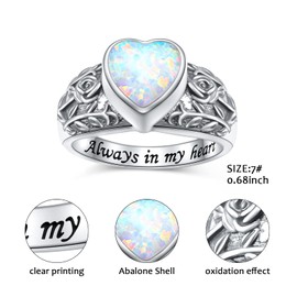 Urn Ring for Ashes 925 Sterling Silver Opal Rose Memorial Keepsake Jewelry Always in My Heart Cremation Ring for Women Men Size 9