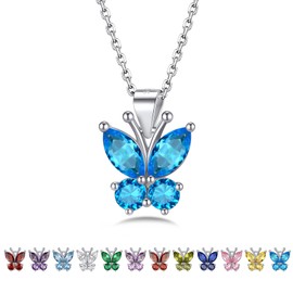 Bestyle Crystal Necklace 925 Sterling Silver Girls Children Pendant with Synthetic Zirconia Birthstone Butterfly Necklace Butterfly Necklace Comes in Jewellery Gift Box, Sterling Silver