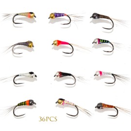 Outdoor Planet Surtido de 36 ninfas eficaces de pesca con mosca Perdigon | Señuelo de pesca de trucha y gris