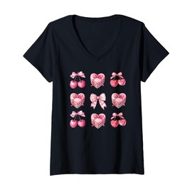 Womens Pink Bow Cherry square Cute Valentine Pink Bow V-Neck T-Shirt