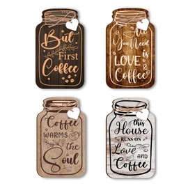 PH PandaHall 4pcs Wood Coffee Jar Sign, Wall Hanging Plaque for Farmhouse Love and Coffee Decor Vintage Coffee Bar Decor Board with Heart Pendant Sign for Home Shop Bar Cafe 6x3.5 inches
