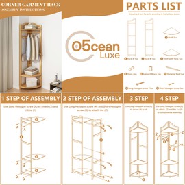 O5ceanLuxe Corner Hall Tree,Bamboo Corner Clothes Rack,Entryway Coat Rack with Storage and Hooks,Garment Rack with Shelves,Freestanding Corner Shelf for Entryway Bedroom (Tawny)