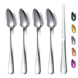 HOMQUEN Grapefruit Spoons 5 Pieces Set, 4 Stainless Steel Spoon and 1 Knife with Titanium Plating, Utensil Serrated Edges Pack of (Silver)