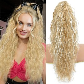Ponytail Extension, Claw Clip on Pony tails Hair Extension for Women 22 Inch Long Wavy Curly Fake Ponytail Clip in Hair Pieces for Women Fluffy Natural Looking (Blonde with white Highlights, 22 Inch)