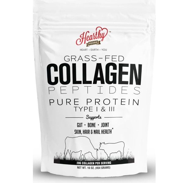 HEARTHY FOODS Collagen Powder - 18g Protein - Pure Halal Collagen Peptides Grass Fed Organic Hydrolyzed Powder | Type I and III Unflavoured Keto Friendly Gluten Free No Sugar Non GMO 16 Oz