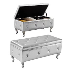Betoko PU Storage Bench End of Bed 38.9" Faux Leather Bedroom Ottoman Bench with Storage Button Tufted Window Seating Benches Upholstered Rectangle Footrest Stool for Living Room Entryway (Silver pu)