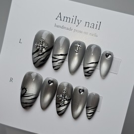 Gothic Silver Magnet [Handmade Nail Tip] Emily Nail - Medium Square / 고딕 실버마그넷 [수제네일팁] 에밀리네일 - 미듐스퀘어